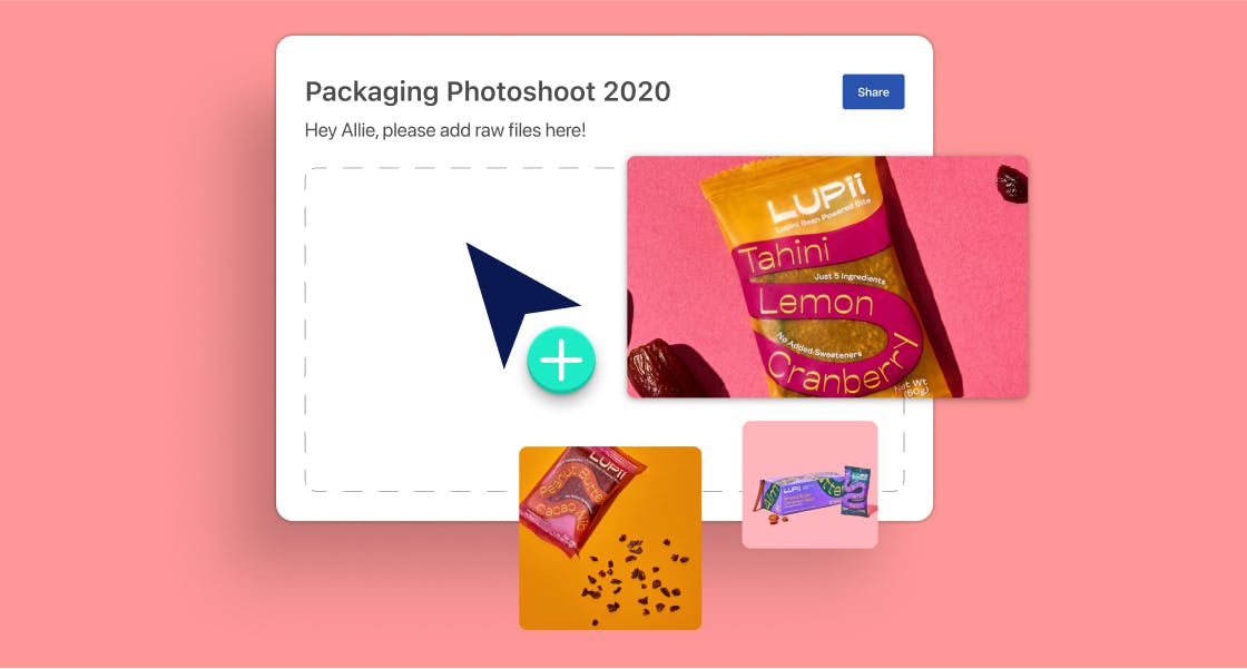Floating assets of product packaging to illustrate how someone might upload content to a board on Air.