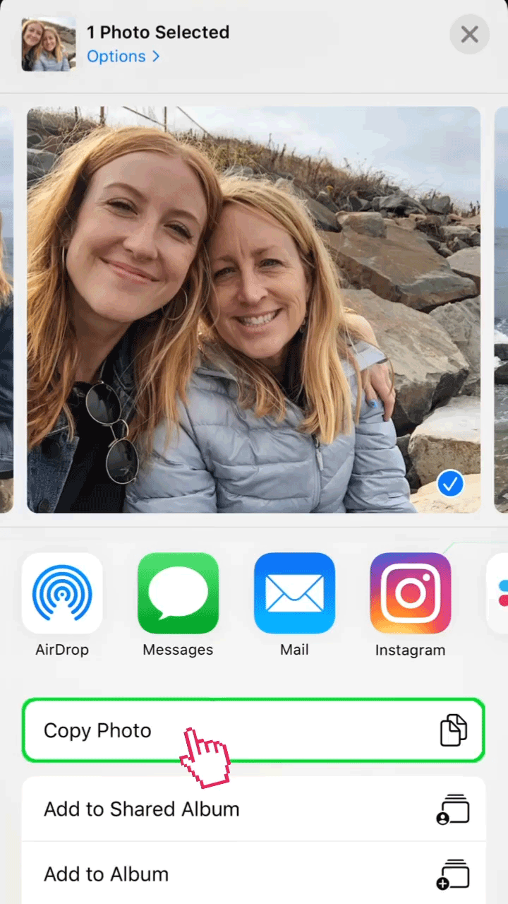 An animated gif showing how to share photos on iOS.