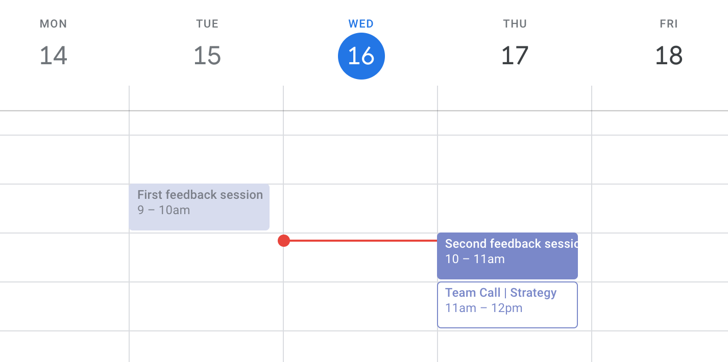 Two feedback sessions on a Google Calendar plus a team meeting