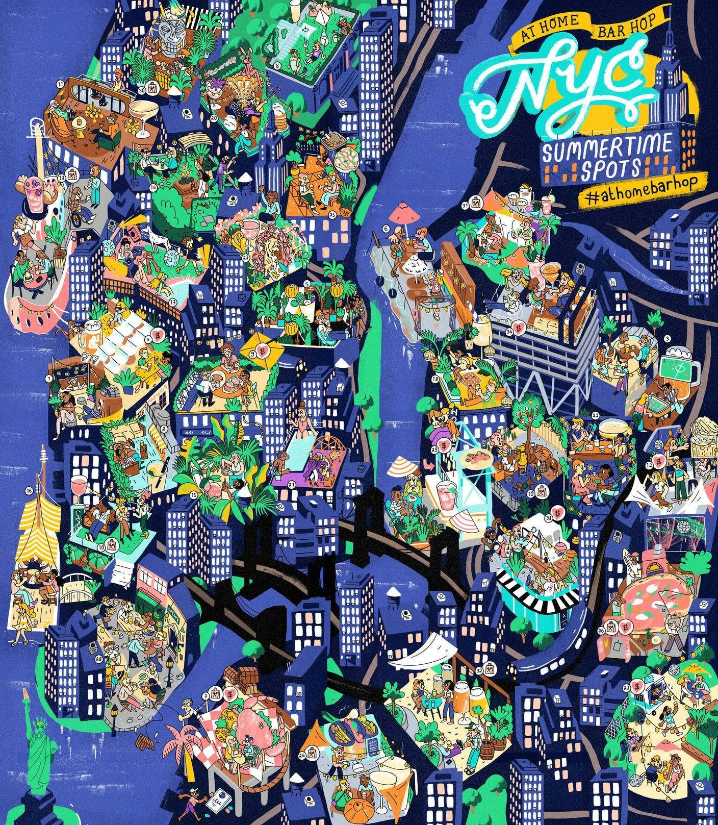 Illustrated map of NYC rooftop bars