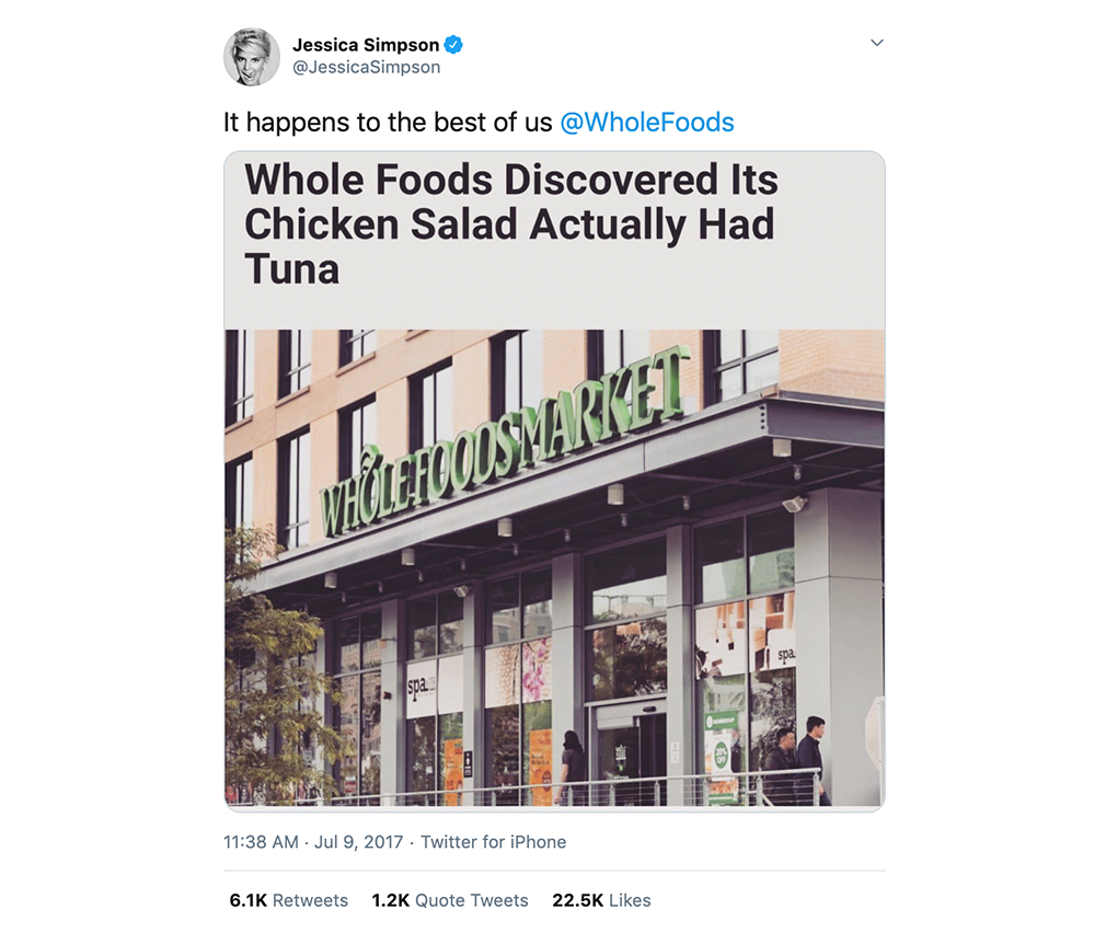 Jessica Simpson's tweet to Whole Foods that reads