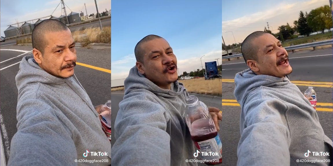 Side-by-side images of Nathan Apodaca skateboarding and drinking Ocean Spray