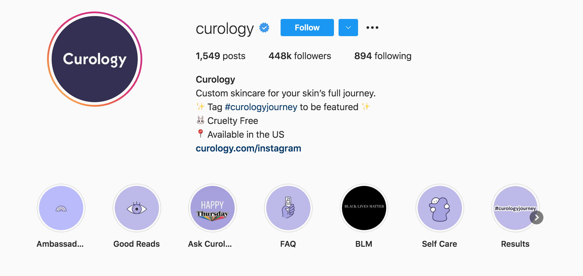 The top of Curology's Instagram account, viewed on a desktop browser