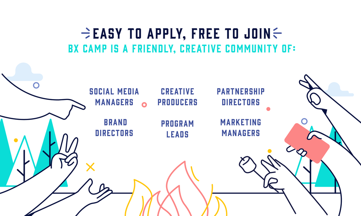 Illustration featuring departments and jobs that may be interested in joining BX Camp. Roles include: Social Media Managers, Brand Directors, Creative Producers, Program Leads, Partnership Directors, Marketing Managers