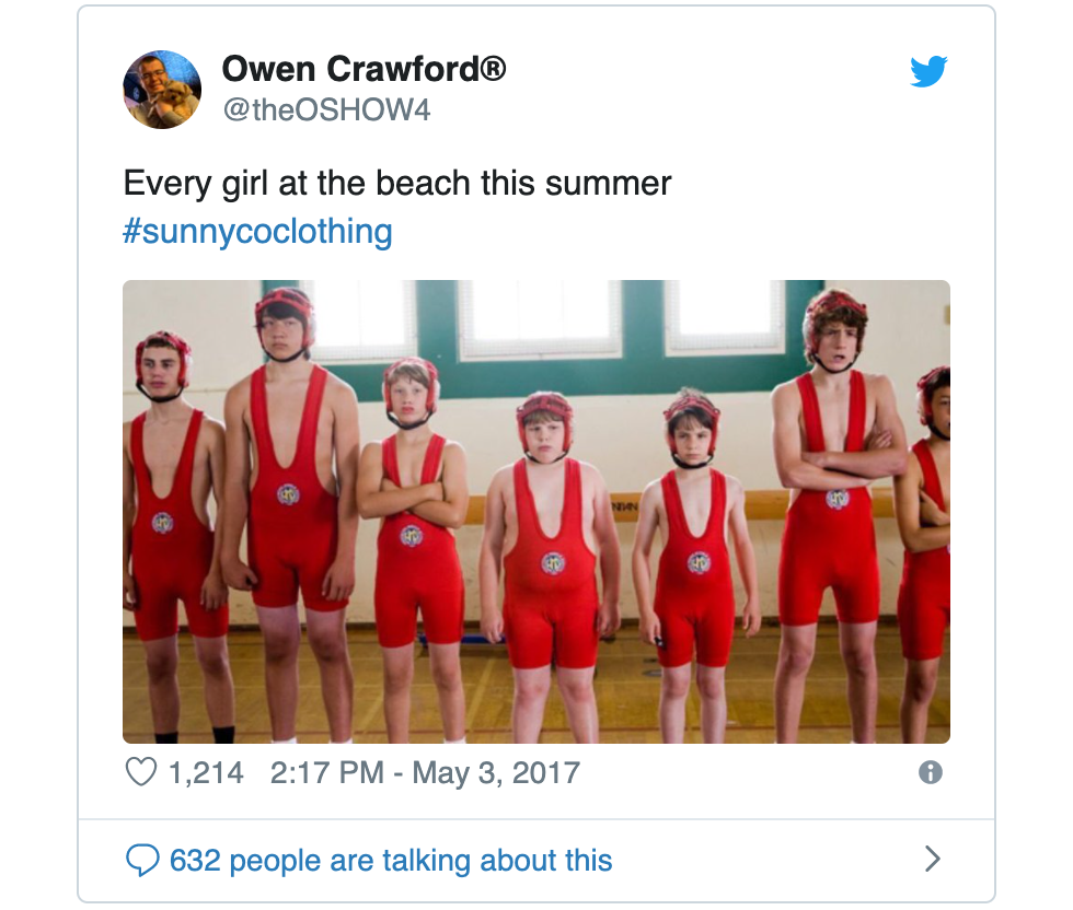 Tweet making fun of the swimsuit, showing off boys in full body swimsuits