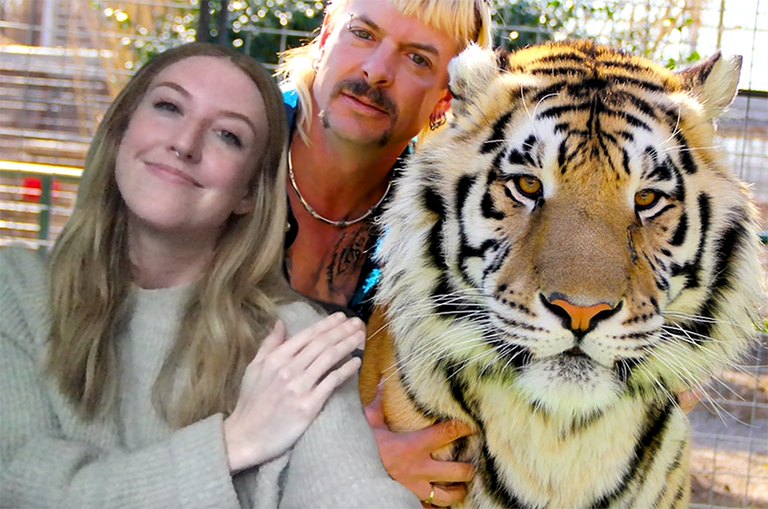 A picture of Megan King leaning next to a man petting a tiger.