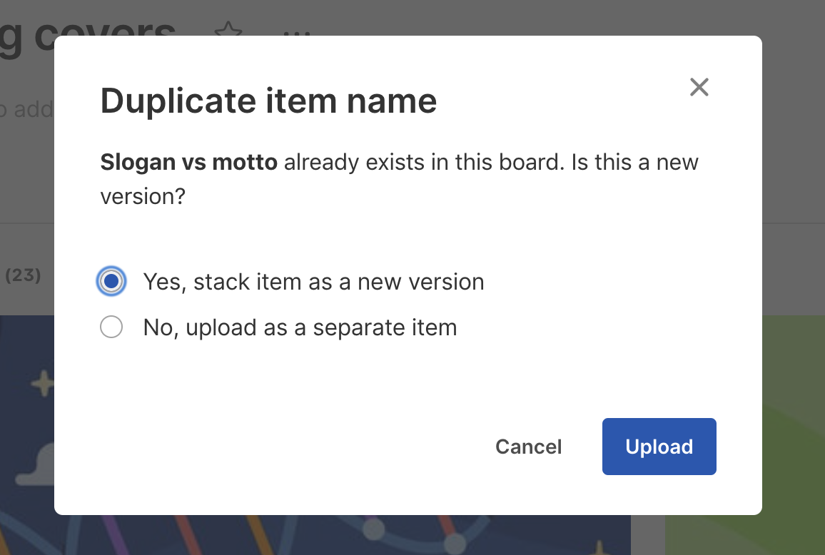 New version upload: "Duplicate item name" modal