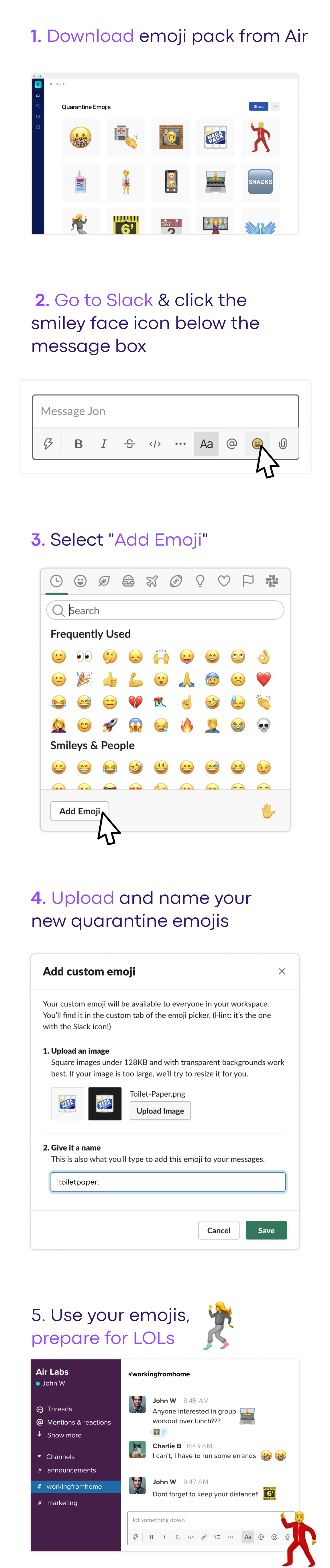 Instructions on how to add emojis to Slack